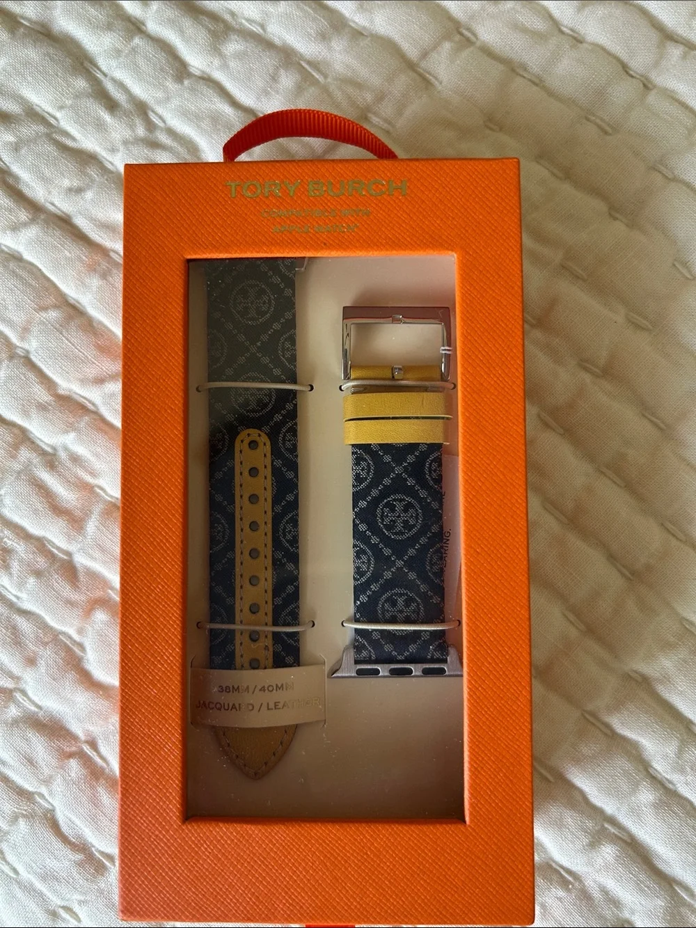 NEW!!  Tory Burch Leather-Trimmed Patterned Watch Strap in Yellow and Black